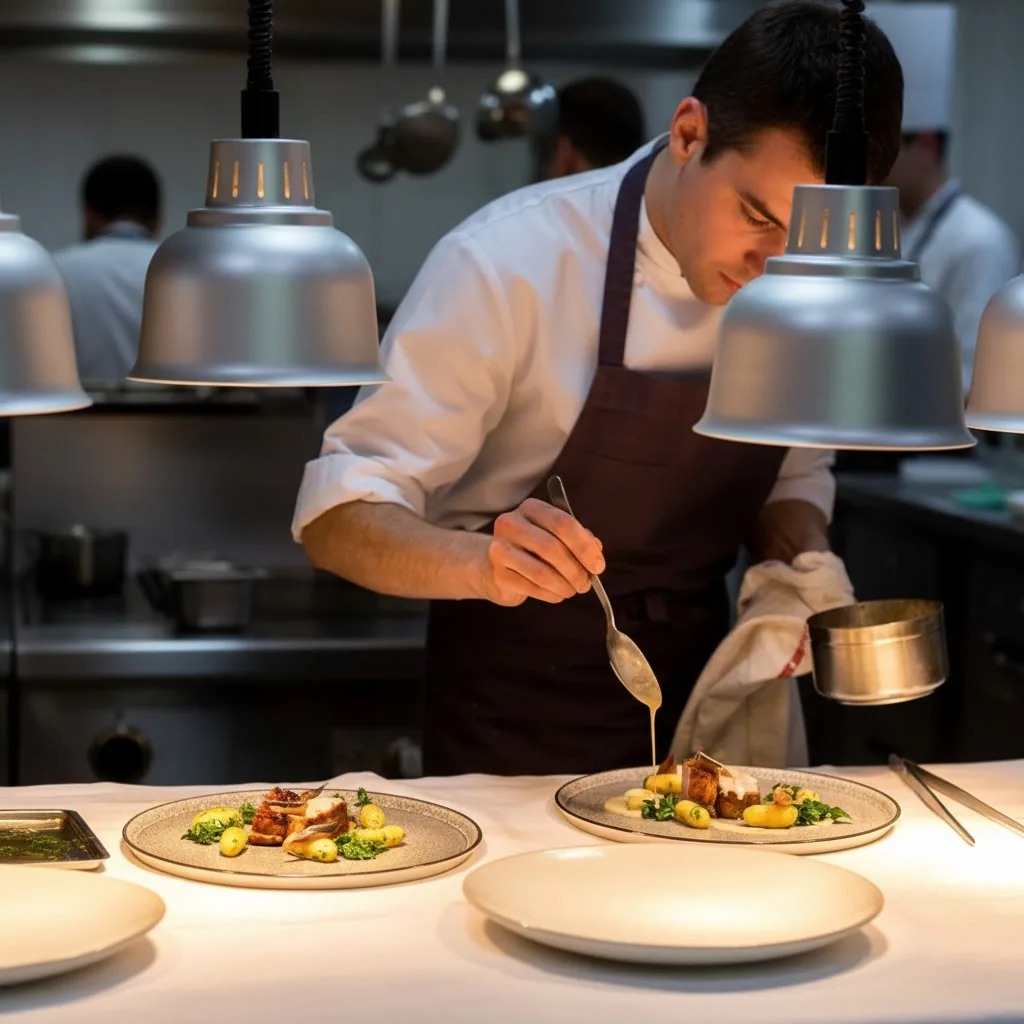 Cocinero elaborando una preparación en una cocina a la vista